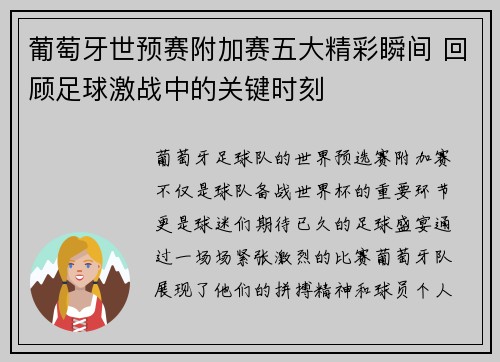 葡萄牙世预赛附加赛五大精彩瞬间 回顾足球激战中的关键时刻